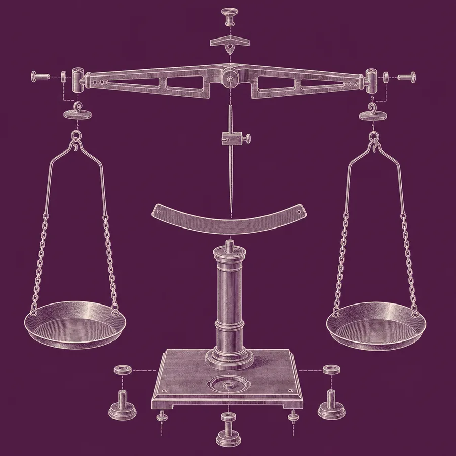 Illustration: exploded technical drawing of a precision assay balance, showing the beam, knife-edge fulcrum, suspension stirrups and pans.