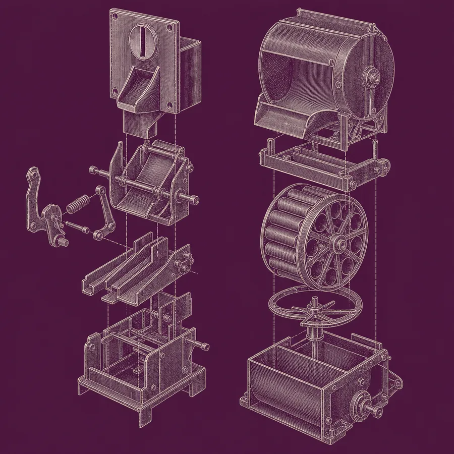 Illustration: exploded technical drawing of a mechanical coin acceptor and payout hopper, showing the entry chute, discriminator, reject lever, sorting rails and ejection wheel.