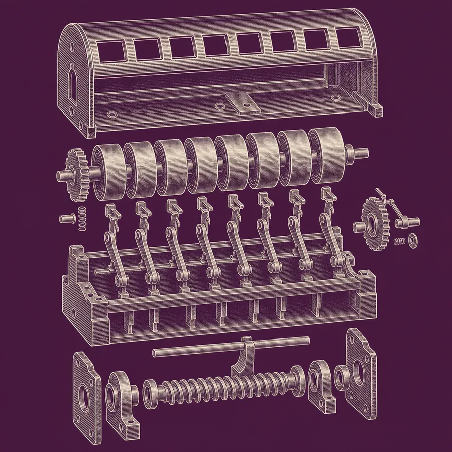 Illustration: exploded technical drawing of a mechanical counting register, showing numeral drums, carry pawls and the drive worm.