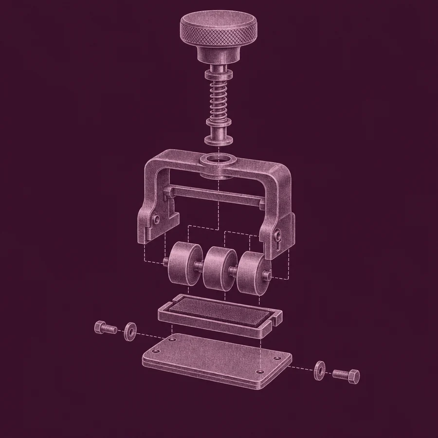 Illustration: exploded technical drawing of a hand date stamp, its press knob, three rotating date bands, ink pad and base plate separated on assembly lines.
