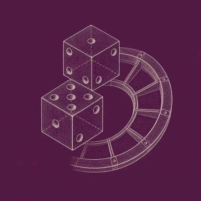 Illustration: technical drawing of dice in orthographic projection over a segment of wheel rim with fret dividers.