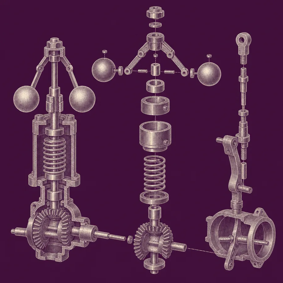 Illustration: exploded technical drawing of a centrifugal flyball governor, the mechanism whose only purpose is to limit speed.
