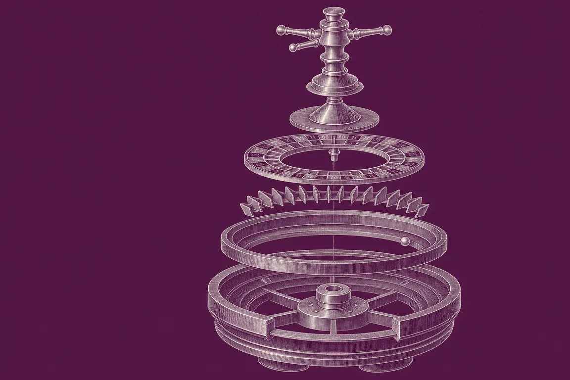 Illustration: exploded technical drawing of a roulette wheel, separated into its bowl, ball track, deflectors, numbered rotor and spindle.