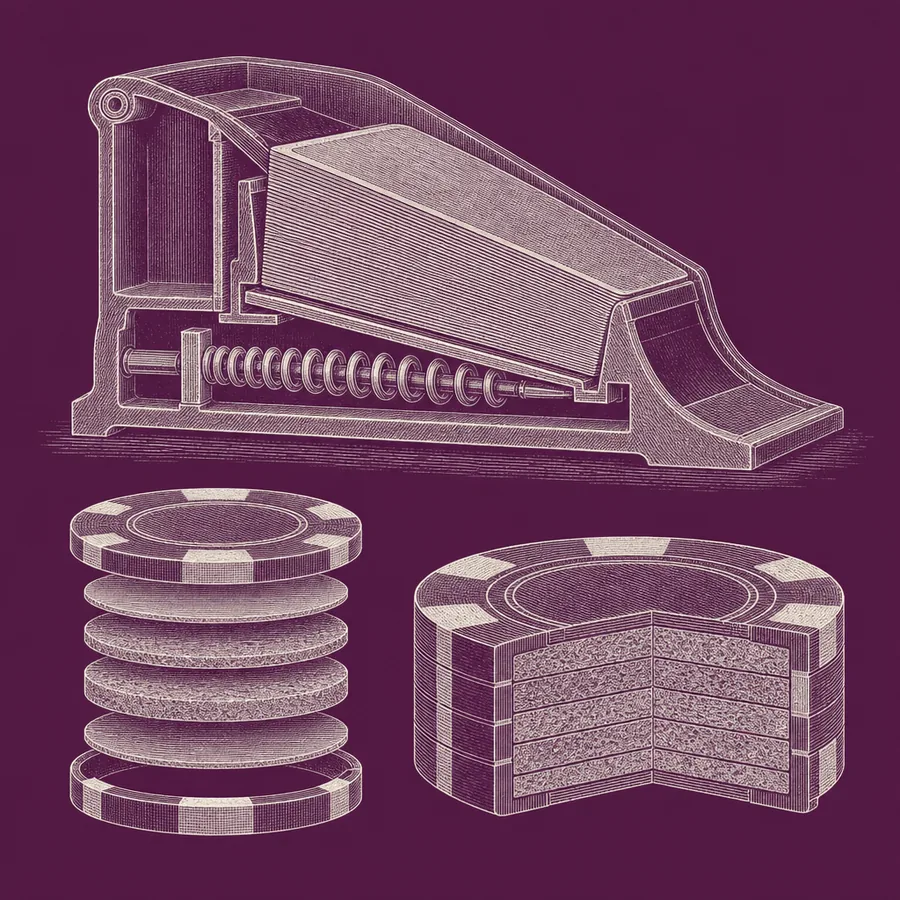 Illustration: technical drawing of a card dealing shoe in cutaway beside casino chips shown in cross-section.