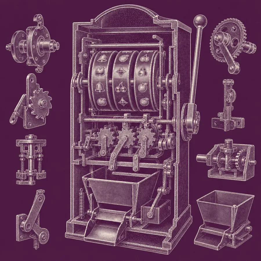 Illustration: technical cutaway of a three-reel slot mechanism showing the reel drums, stepper detents, payout hopper and linkage.
