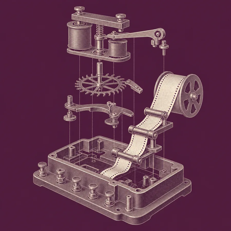 Illustration: exploded technical drawing of a telegraph printing register — electromagnet, escapement wheel, inking arm and paper-tape reel.