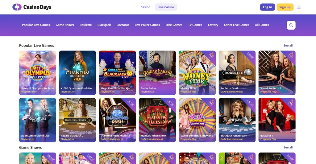Screenshot: the Casino Days live-dealer lobby, tables listed with dealers in frame.