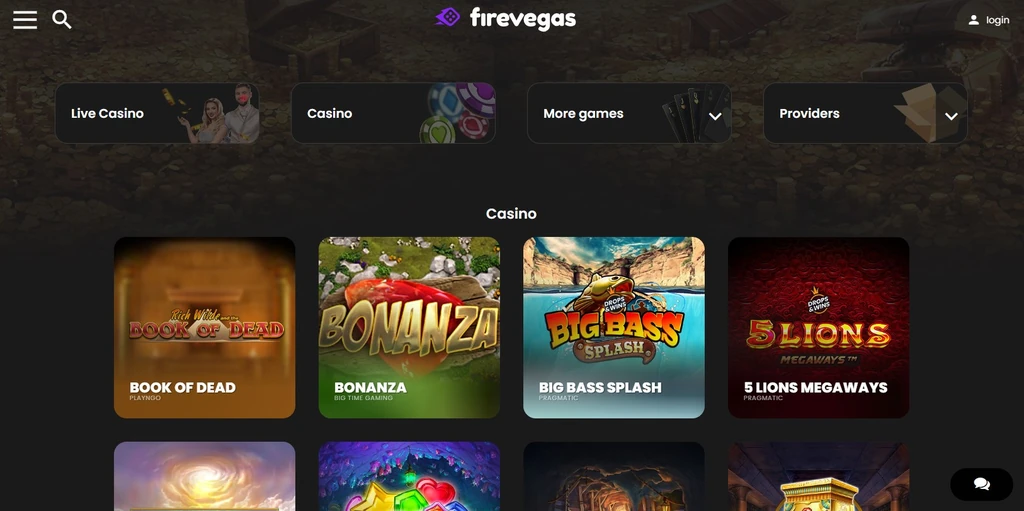 Screenshot: the Fire Vegas casino lobby, slot titles listed in a grid.