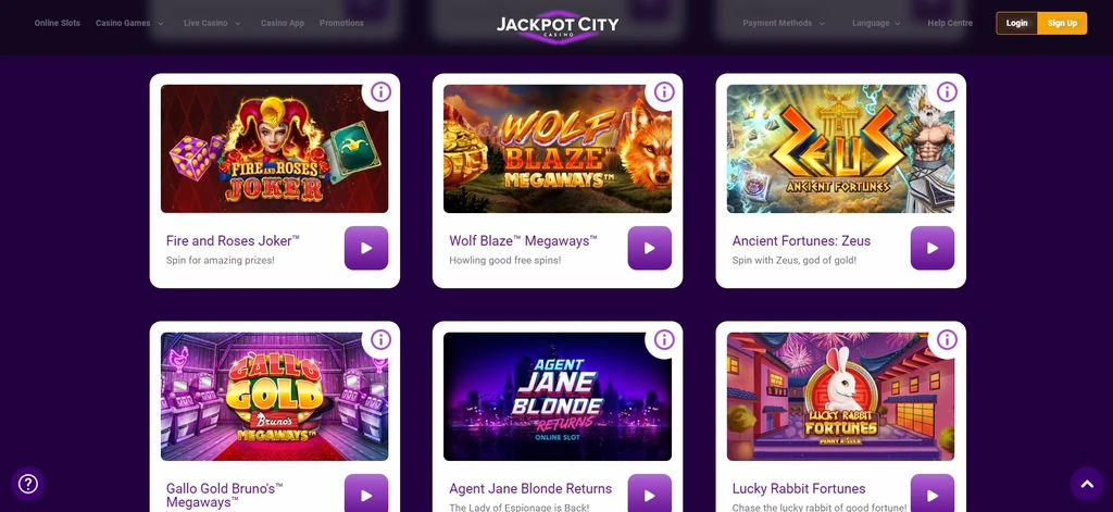 Screenshot: the JackpotCity slots lobby showing jackpot titles.