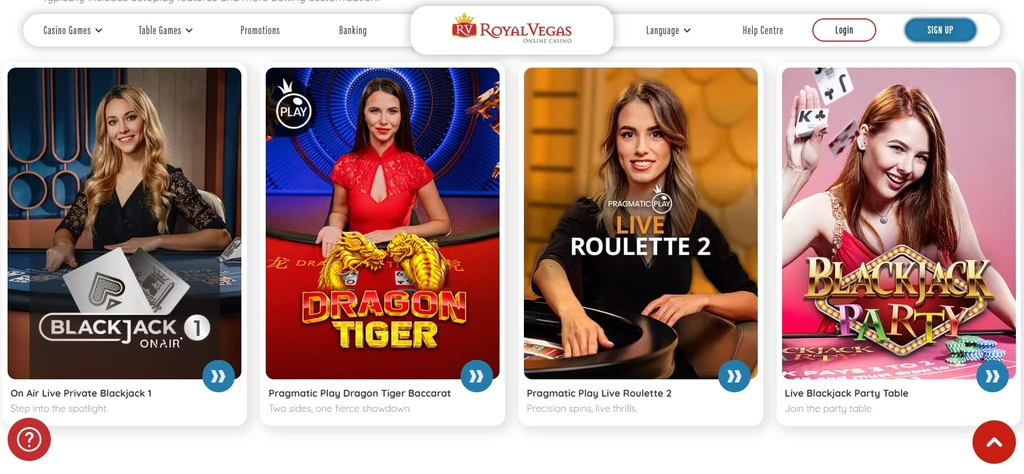 Screenshot: the Royal Vegas live-dealer lobby with table games listed.