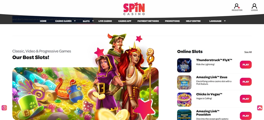 Screenshot: the Spin Casino slots lobby, the catalogue weighted towards slots.