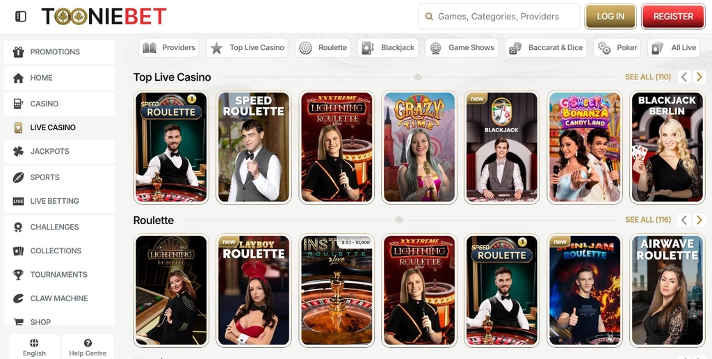 Screenshot: the Tooniebet live-dealer lobby, with sports and live betting in the sidebar.