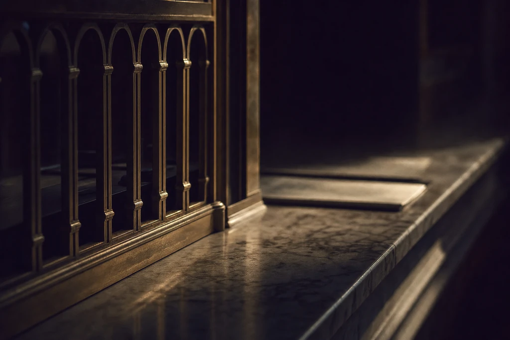 Photograph: the edge of a marble bank counter with a brass grille, lit from one side.