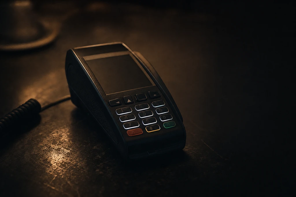 Photograph: a card reader terminal in low light, keypad faintly glowing, cable coiled beside it.