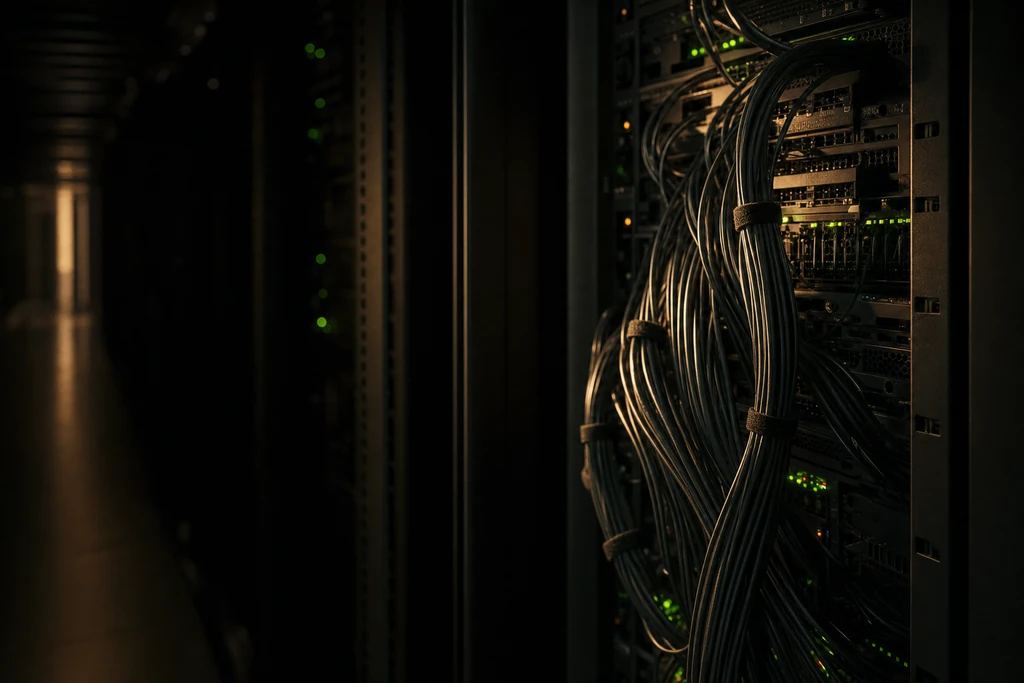 Photograph: a bundle of cables in a dark server aisle, status lights the only colour.