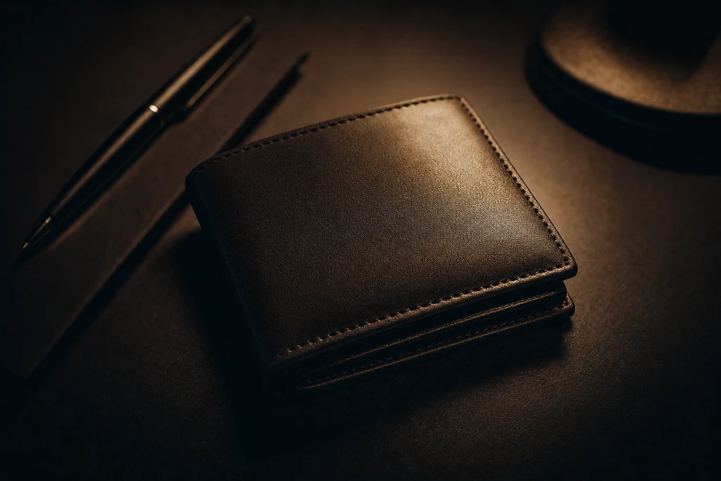 Photograph: a closed leather billfold on a dark desk, stitching sharp under one highlight.