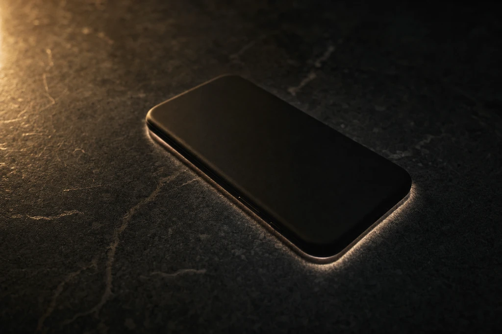 Photograph: a phone face-down on a counter, screen light escaping around its edges.