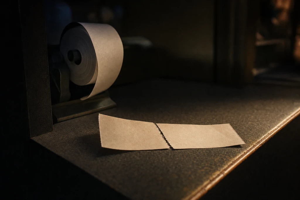 Photograph: a paper voucher torn along its perforation on a shop counter.