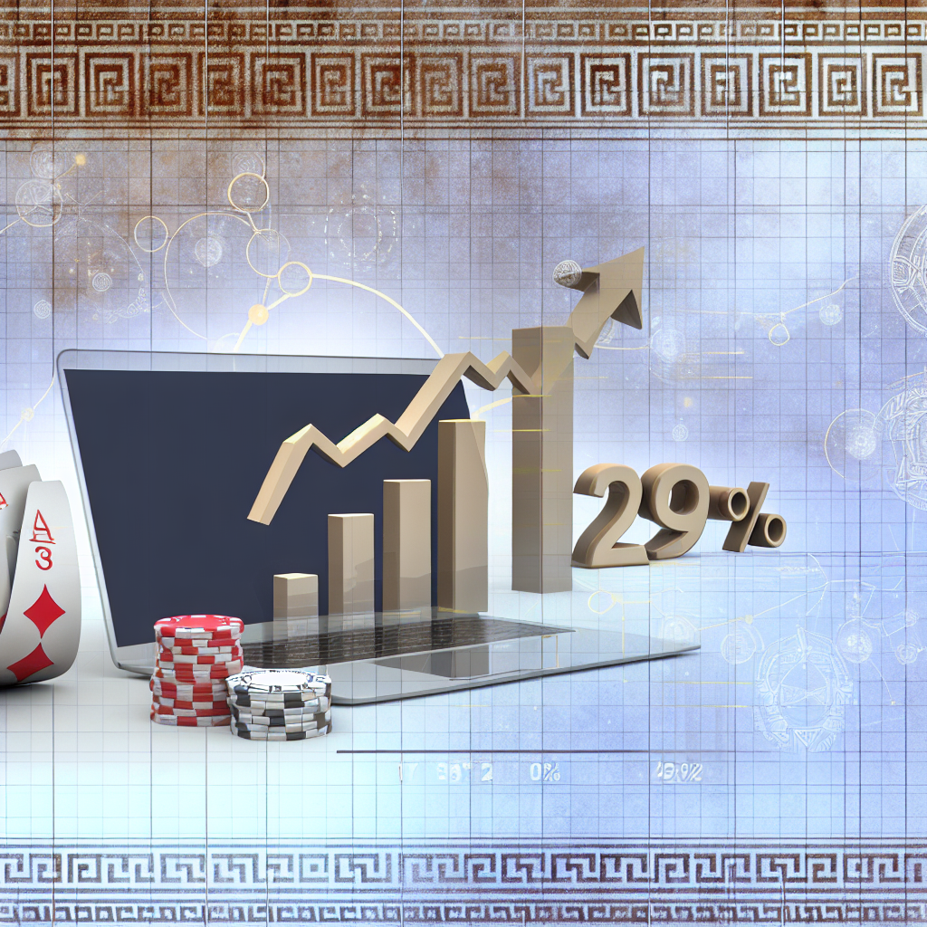 Digital graph showing 29.1% growth in OPAP's Q1 2024 online casino GGR with Greek motifs in background.