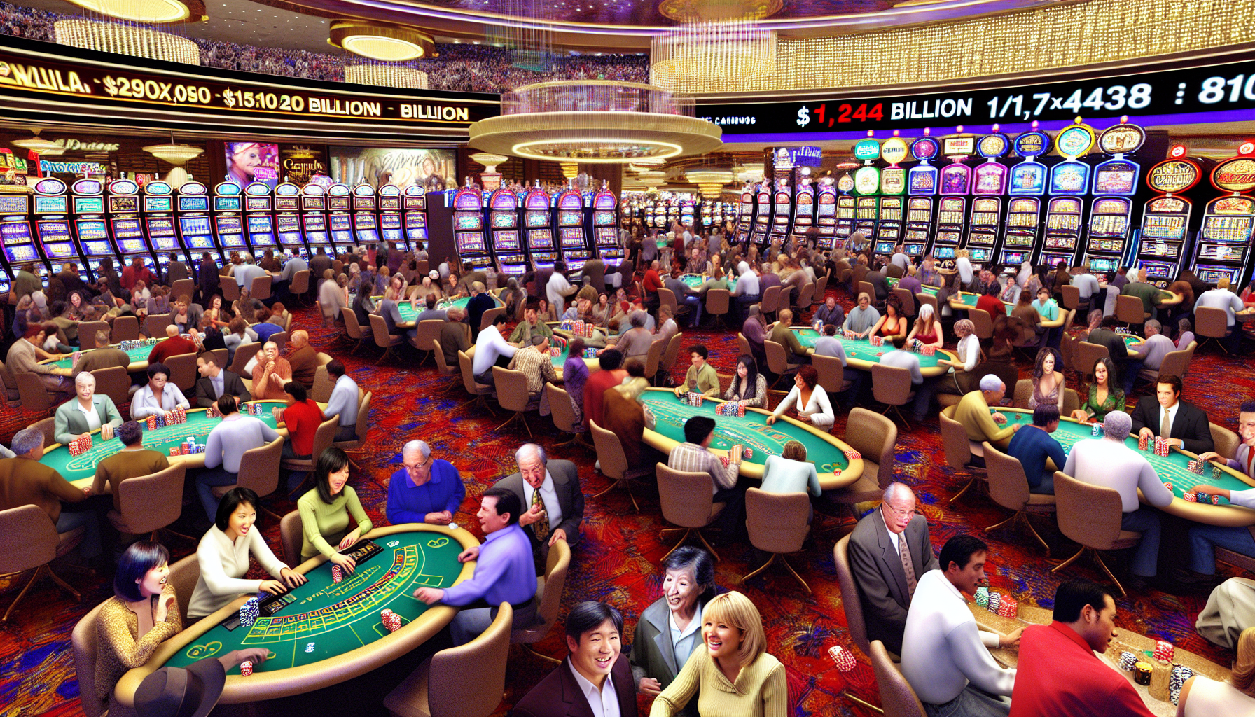 A bustling casino floor in Nevada, showcasing vibrant activity at gaming tables and slot machines, signifying the $1.24 billion record revenue achieved in April.