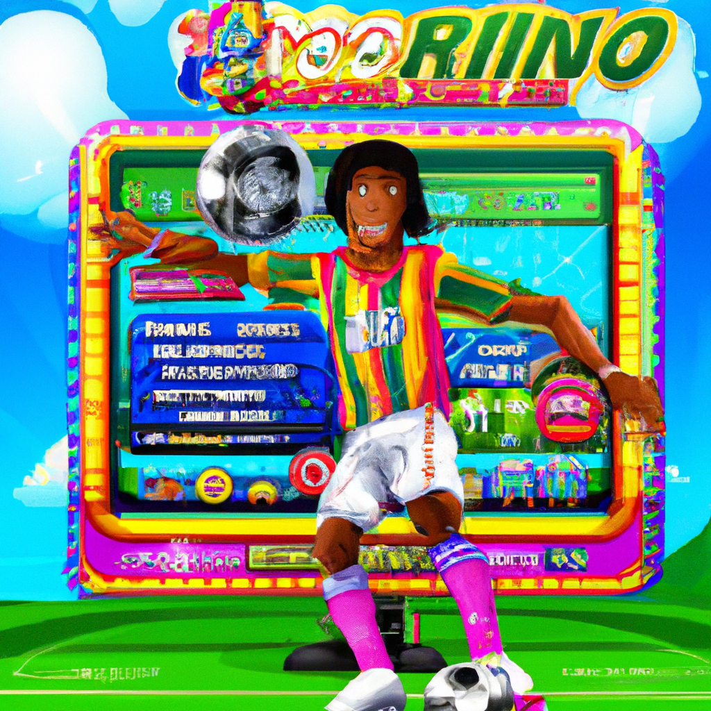 Ronaldinho executing a bicycle kick with slot symbols in the background.