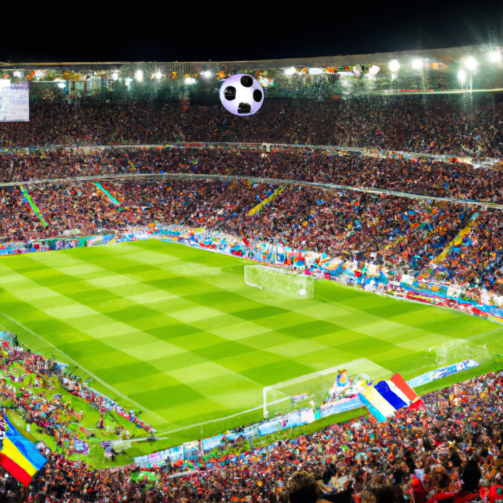 An image of a futuristic stadium packed with cheering fans, capturing the excitement of Euro 2024. The stadium is illuminated with vibrant lights, showcasing a high-tech football match in progress. On one side, there is a large digital screen displaying live match statistics and player highlights. In the background, flags of France, Germany, and Spain are prominently waving, signifying some of the top participating nations. Additionally, include subtle elements representing advanced sports betting technologies, such as holographic predictions and live betting interfaces, blending seamlessly into the scene.