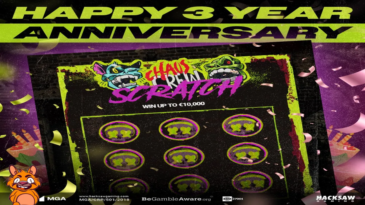 Happy 3rd Anniversary to the Chaos Crew Scratchcard! Seeing the evolution from this game to Chaos Crew II really is something. Join us in celebrating, leave a 🥳 down below! #HacksawGaming 🔞 | Please Gamble Responsibly