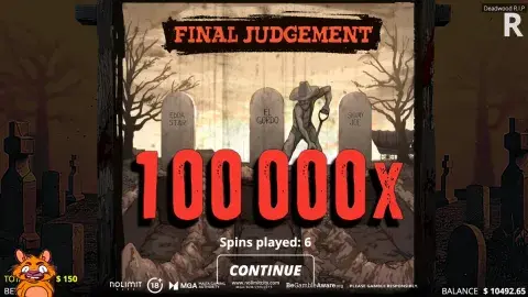 We have our first 100,000x Max Win on Deadwood R.I.P! 🔥 Them outlaws didn't stand a chance 🪦 CHECK OUT THE REPLAY 👉 nolimitcity.com/replay/muniyag… #NolimitCity #FinalJudgement #DeadwoodRIP #Slots #MaxWin …