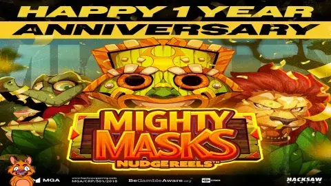 1 Year of Mighty Masks! Leave a 🦁 or 🐊 below if you love Mighty Masks as much as we do! 🔞 | Please Gamble Responsibly |  #HacksawGaming #MightMasks #slot #gameanniversary