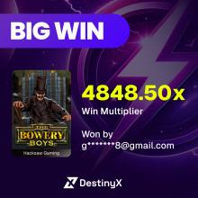 RT @playdestinyx: 🎉 BIG WIN alert! 🎉 Someone scored an incredible 4848.50x multiplier playing The Bowery Boys by @hacksawgaming on Destiny…