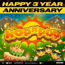 3 years of Hopping 'n' Popping with Hop 'n' Pop! Leave a 🍓 🍌 below to join the celebration! 🔞 | Please Gamble Responsibly | BeGambleAware.org #HacksawGaming #HopnPop #slot #gameanniversary